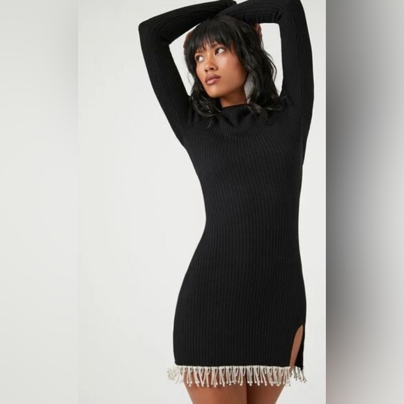Ribbed Sweater dress rhinestone fringe trim hem nwot - Picture 2 of 5